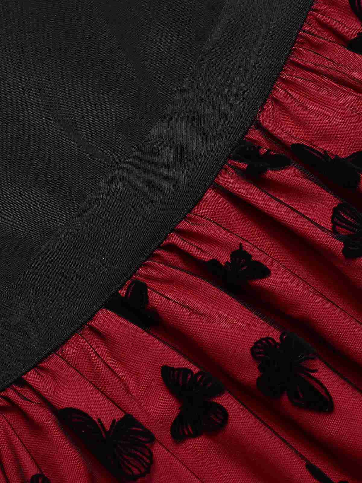Red 1950s Butterfly Embroidered Mesh Patchwork Dress - Image 6