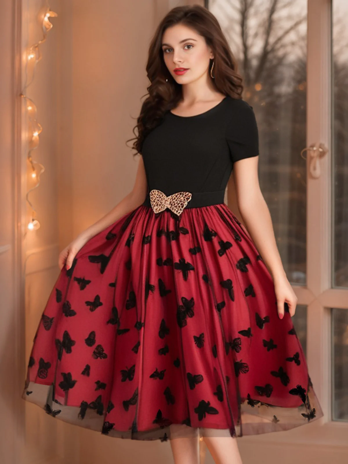 Red 1950s Butterfly Embroidered Mesh Patchwork Dress - Image 8