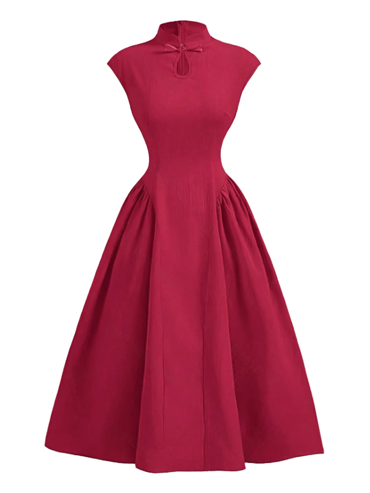 Red 1950s Cap Sleeve Stand Collar A-line Dress - Image 2