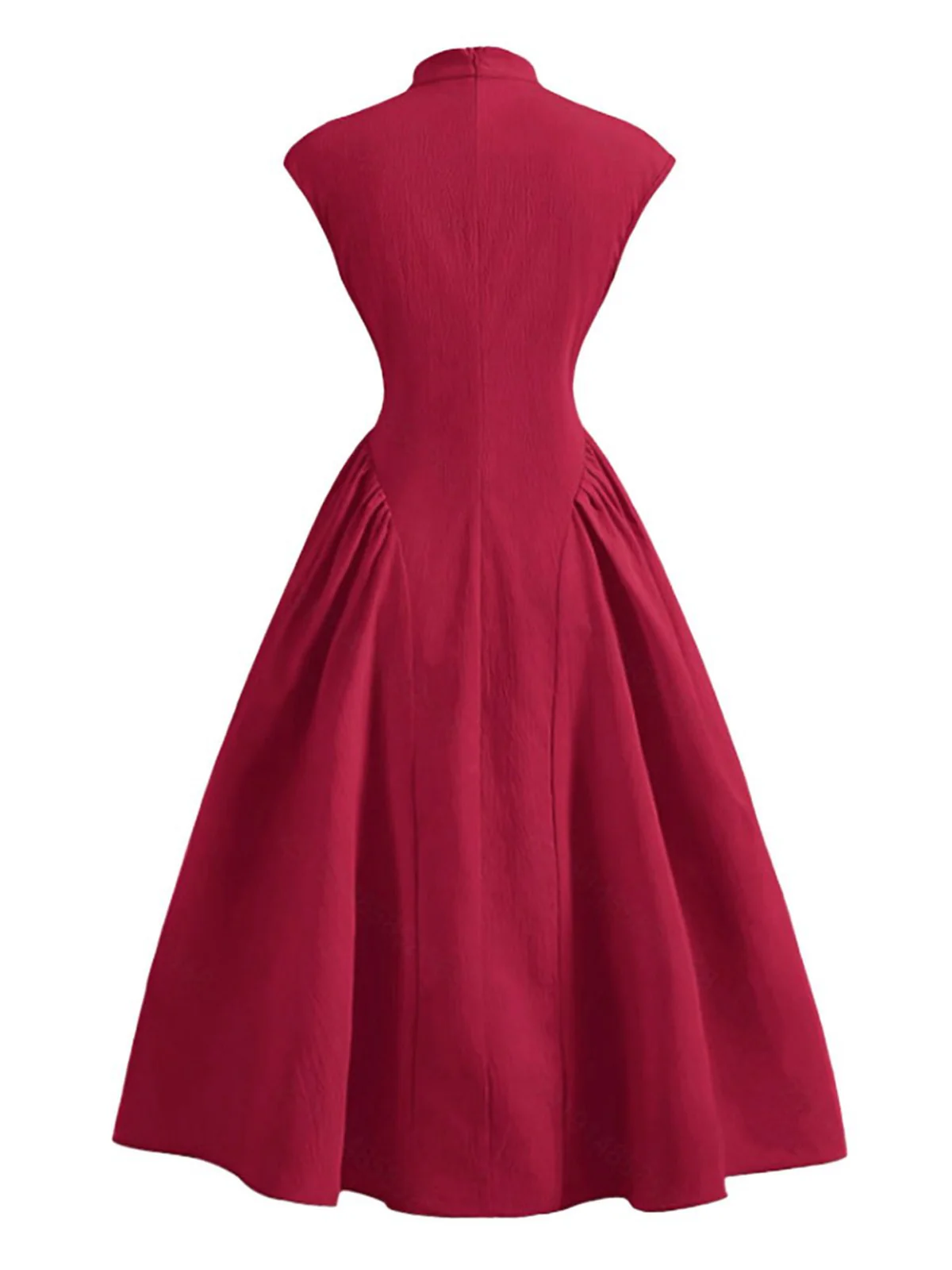 Red 1950s Cap Sleeve Stand Collar A-line Dress - Image 3
