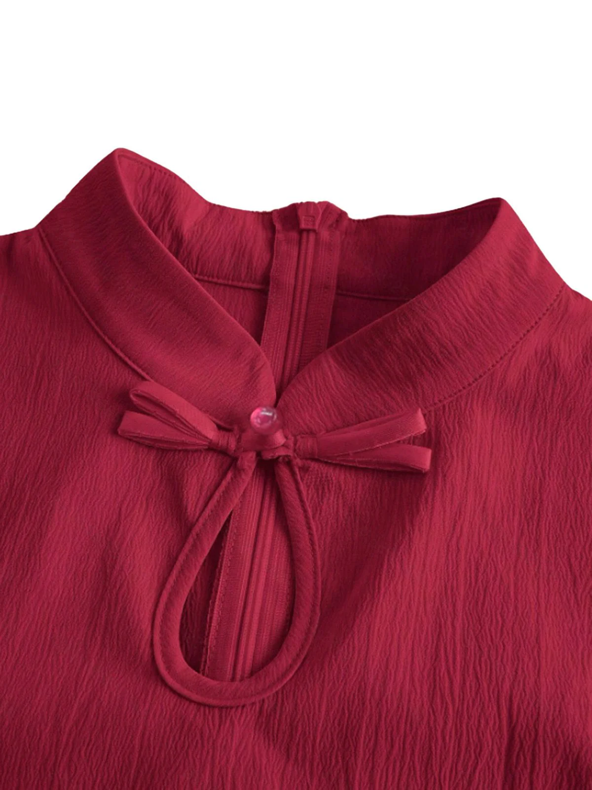 Red 1950s Cap Sleeve Stand Collar A-line Dress - Image 4