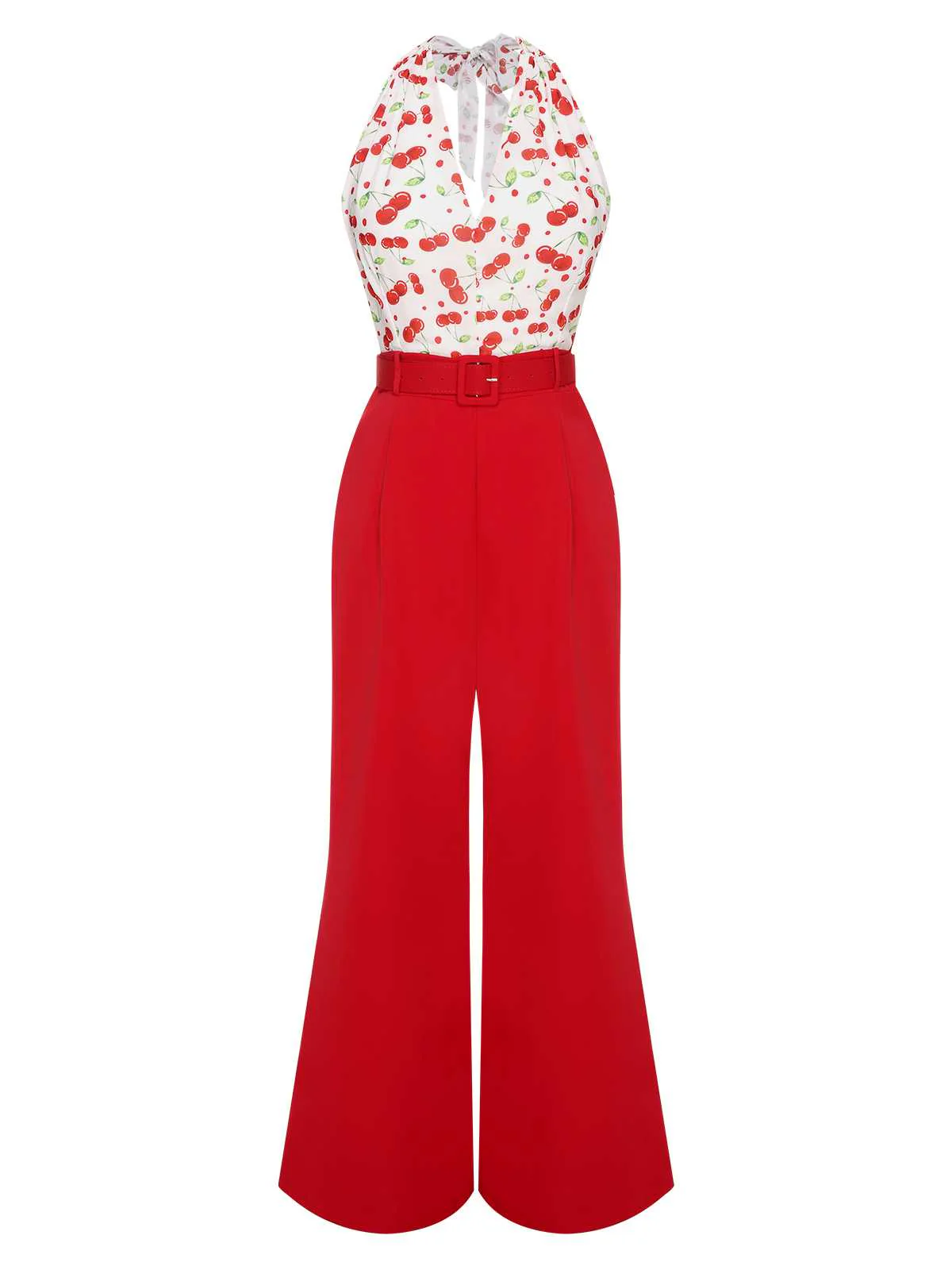 Red 1930s Cherry Belted Halter Jumpsuit - Image 2