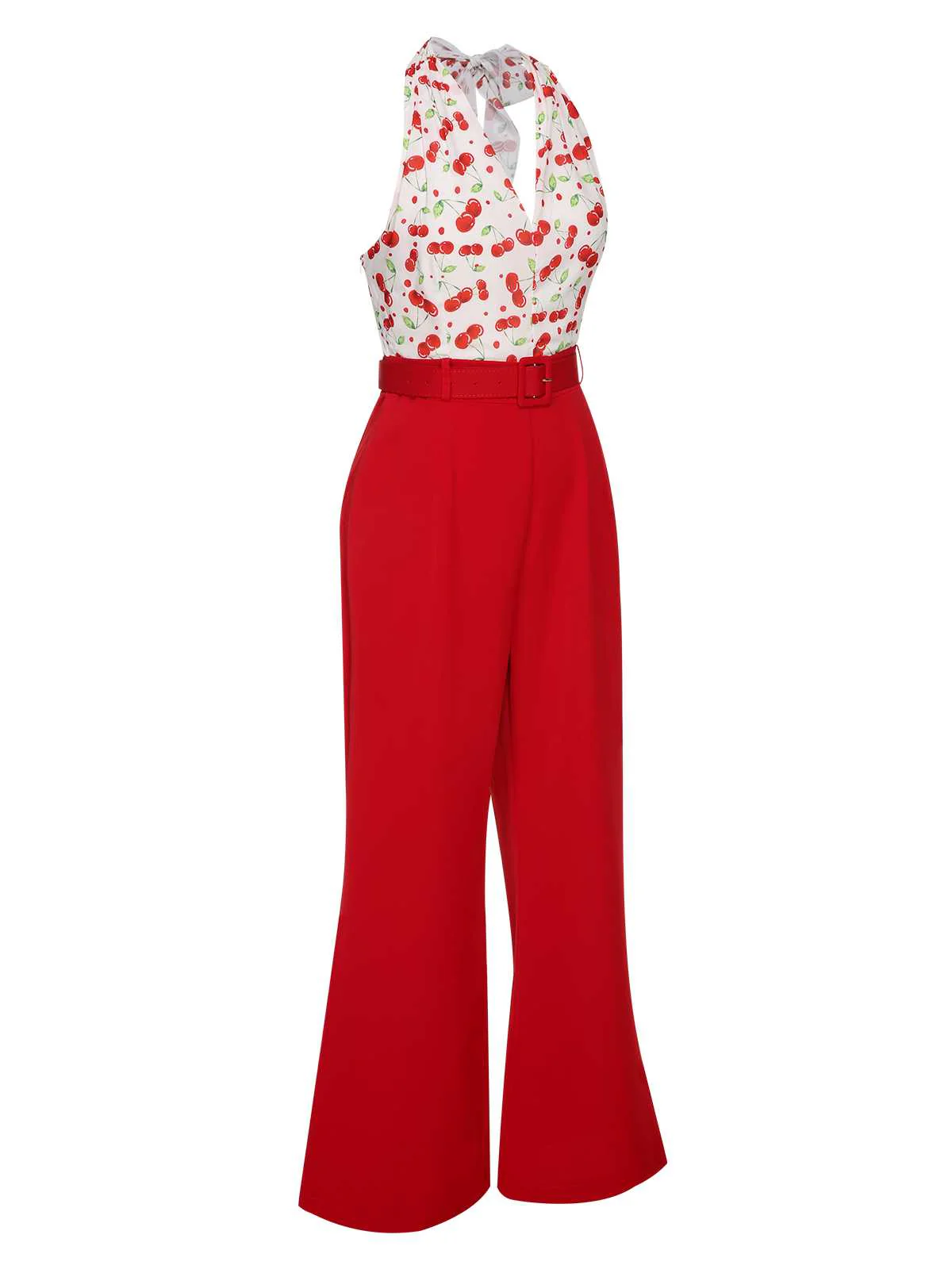 Red 1930s Cherry Belted Halter Jumpsuit - Image 3