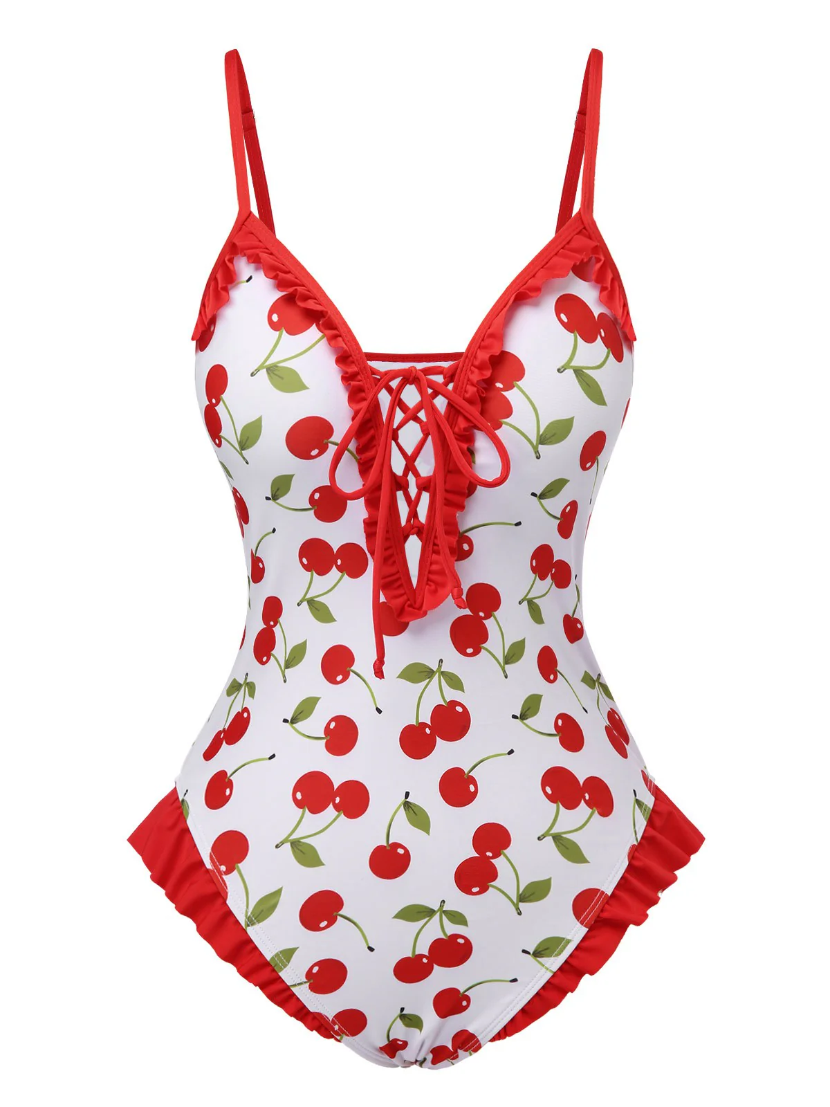 Red 1950s Cherry Lace-Up Ruffled Swimsuit - Image 2