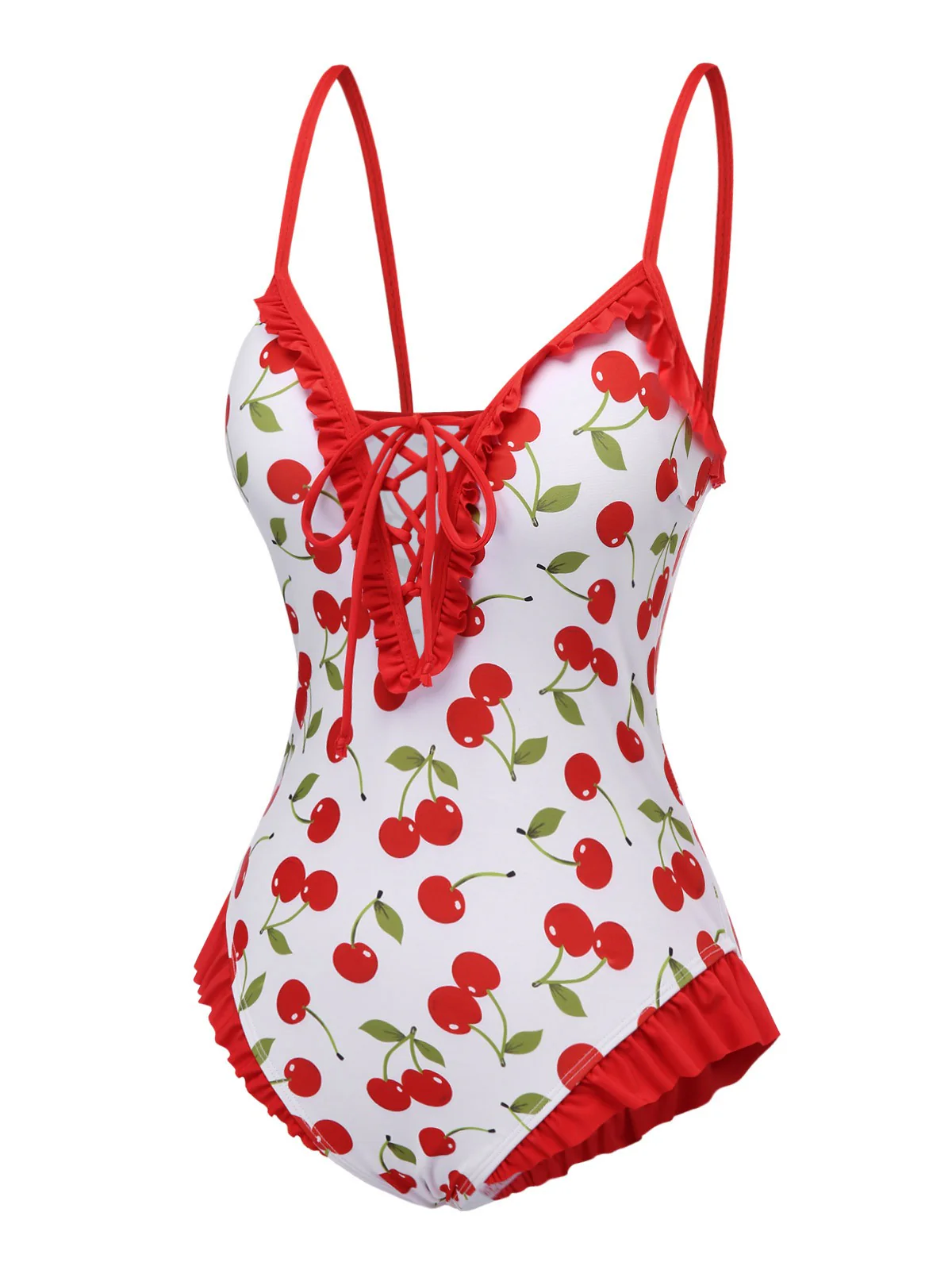 Red 1950s Cherry Lace-Up Ruffled Swimsuit - Image 3
