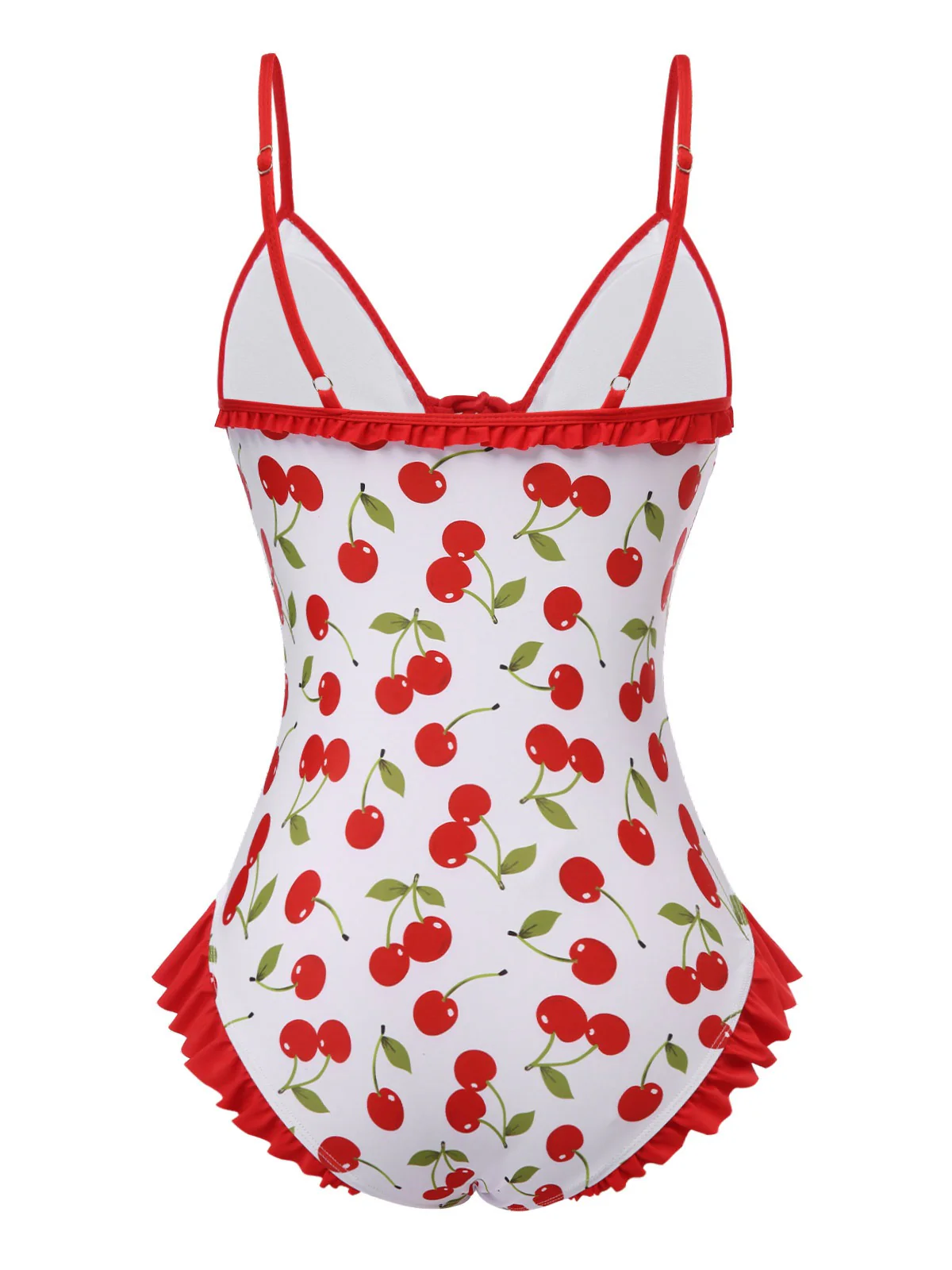 Red 1950s Cherry Lace-Up Ruffled Swimsuit - Image 4