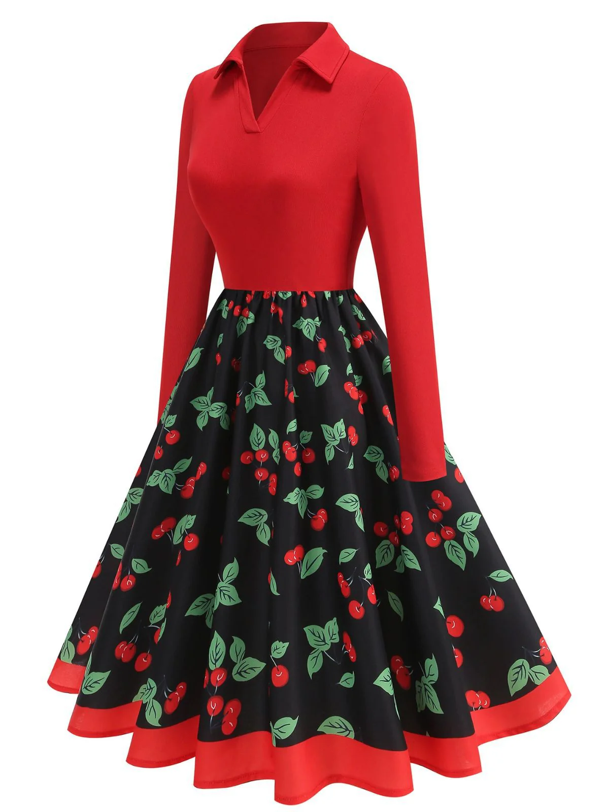 Red 1950s Cherry Print Long Sleeve Swing Dress - Image 2