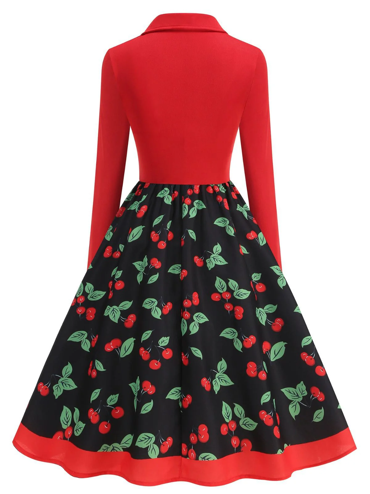 Red 1950s Cherry Print Long Sleeve Swing Dress - Image 3