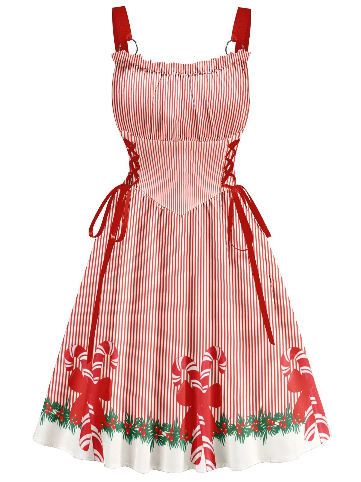 Red 1950s Christmas Candy Cane Striped Lace-Up Holiday Dress - Image 2