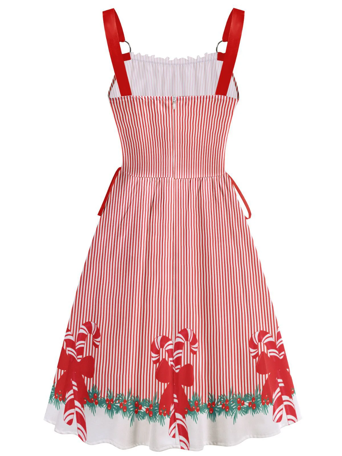 Red 1950s Christmas Candy Cane Striped Lace-Up Holiday Dress - Image 3