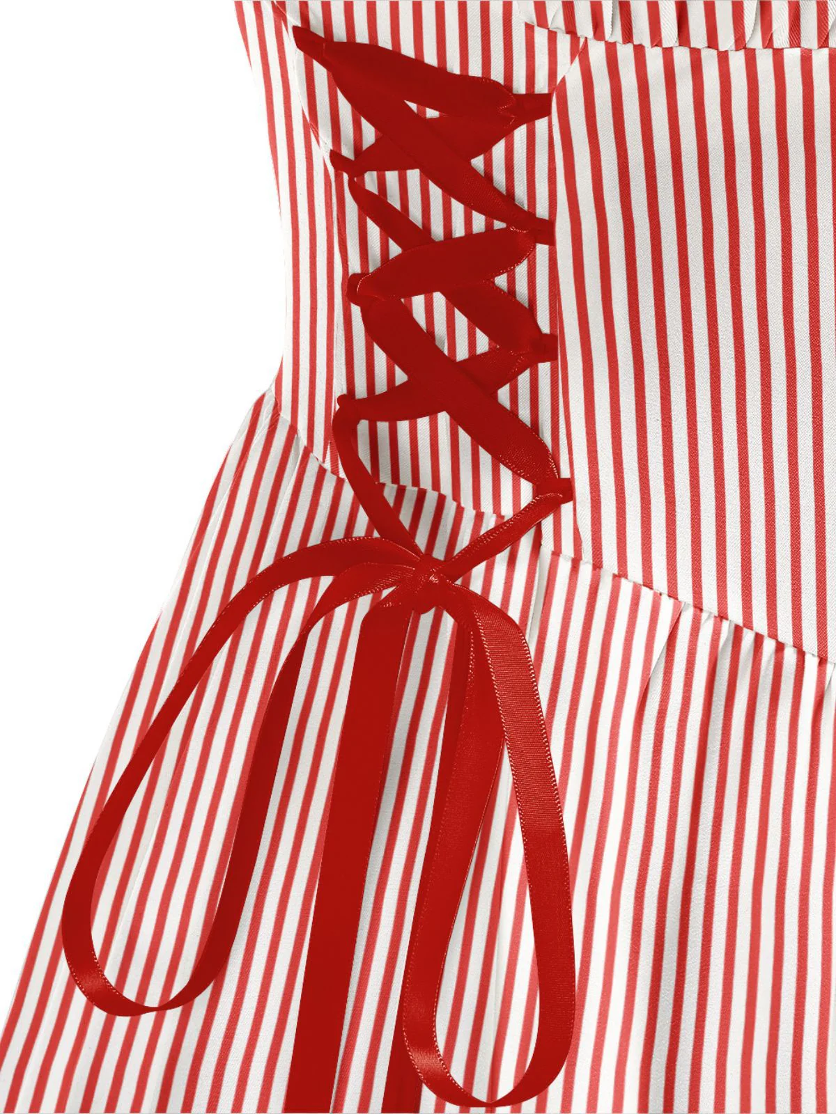 Red 1950s Christmas Candy Cane Striped Lace-Up Holiday Dress - Image 5