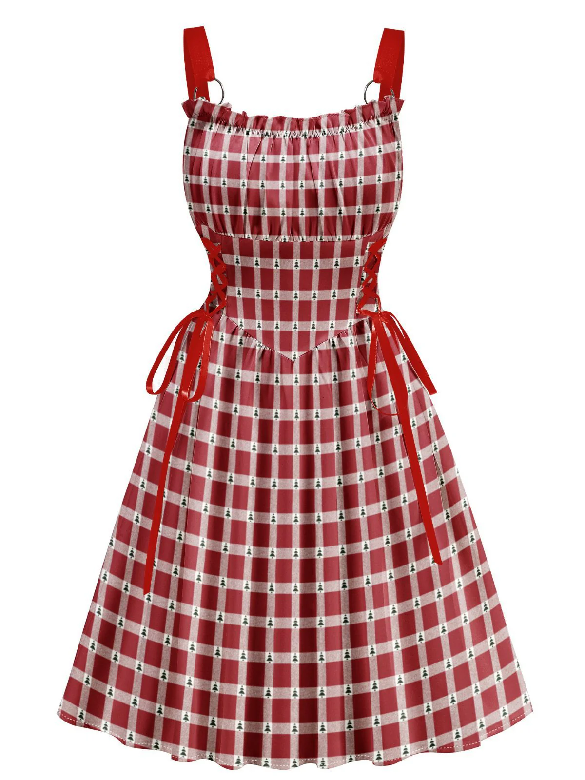 Red 1950s Christmas Candy Cane Striped Lace-Up Holiday Dress - Image 6