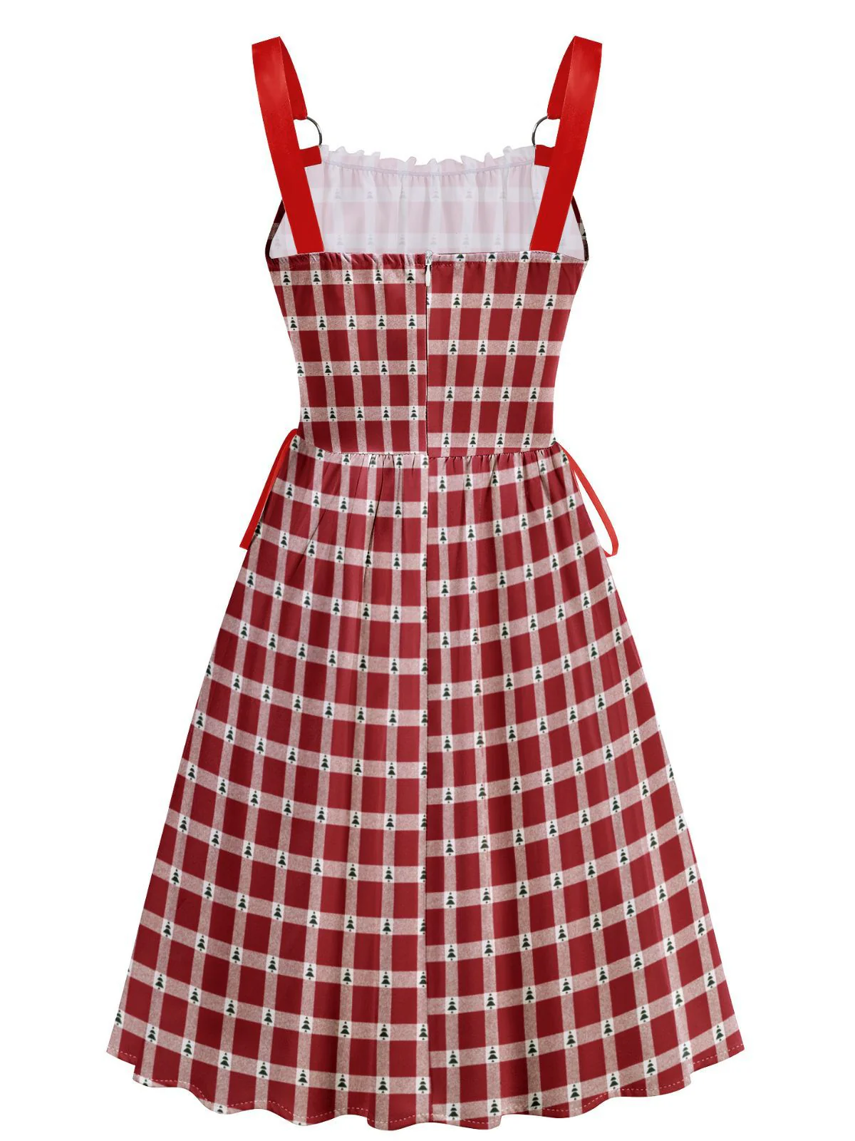 Red 1950s Christmas Candy Cane Striped Lace-Up Holiday Dress - Image 7