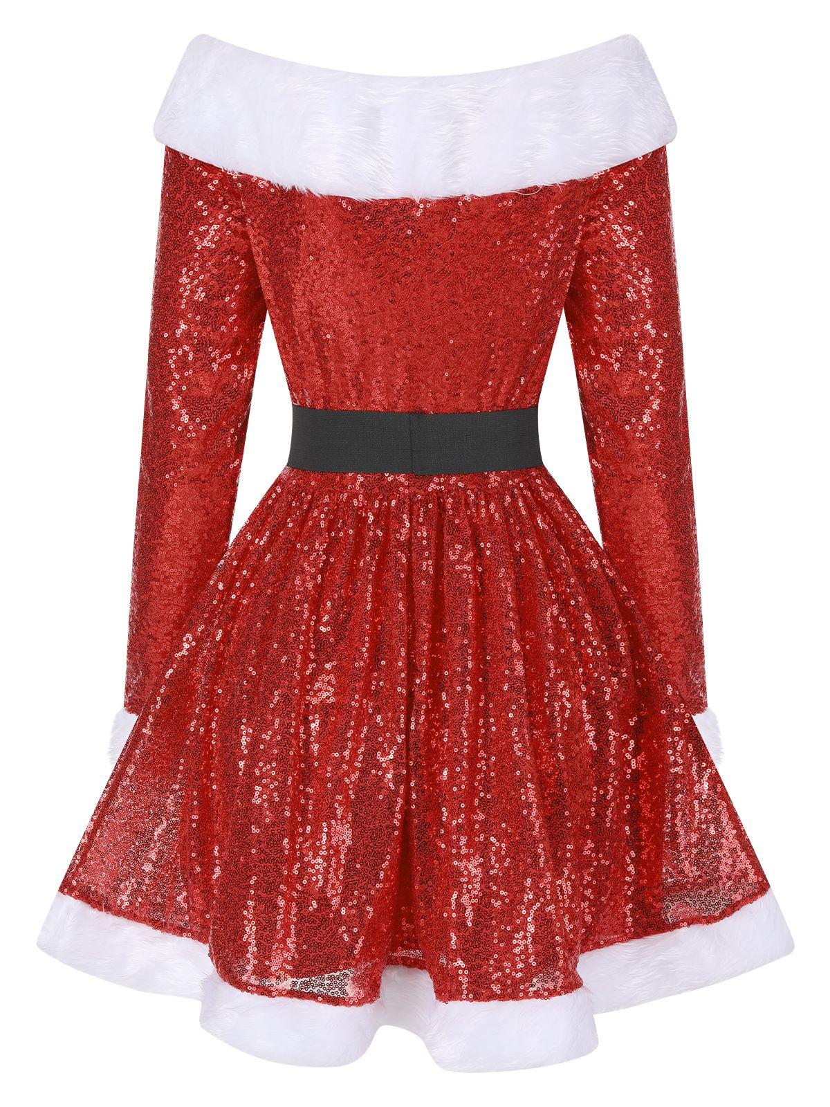 Red 1950s Christmas Sequin Off Shoulder Fur Belted Dress - Image 2