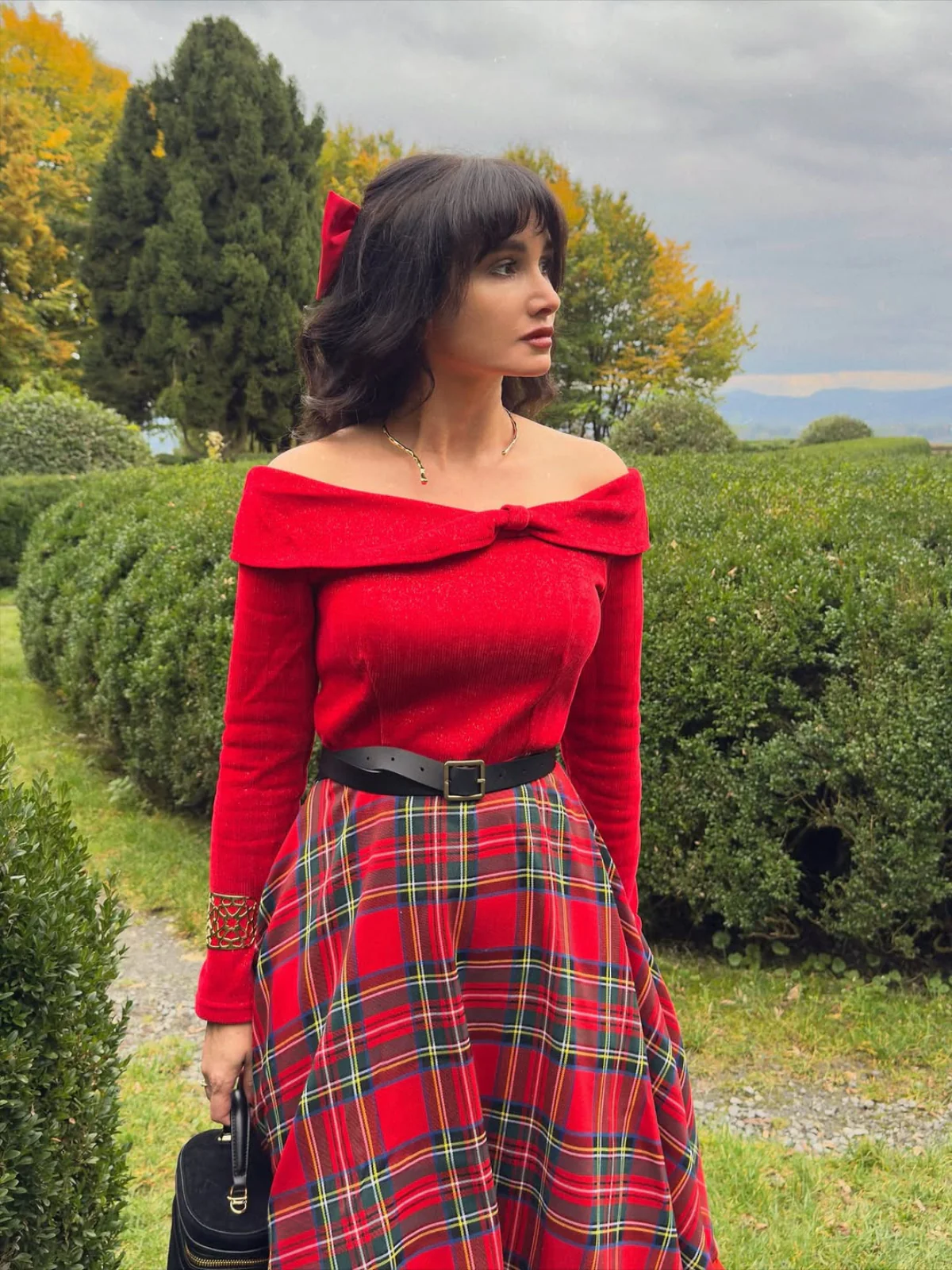 Red 1950s Christmas Off Shoulder Tartan Dress - Image 2