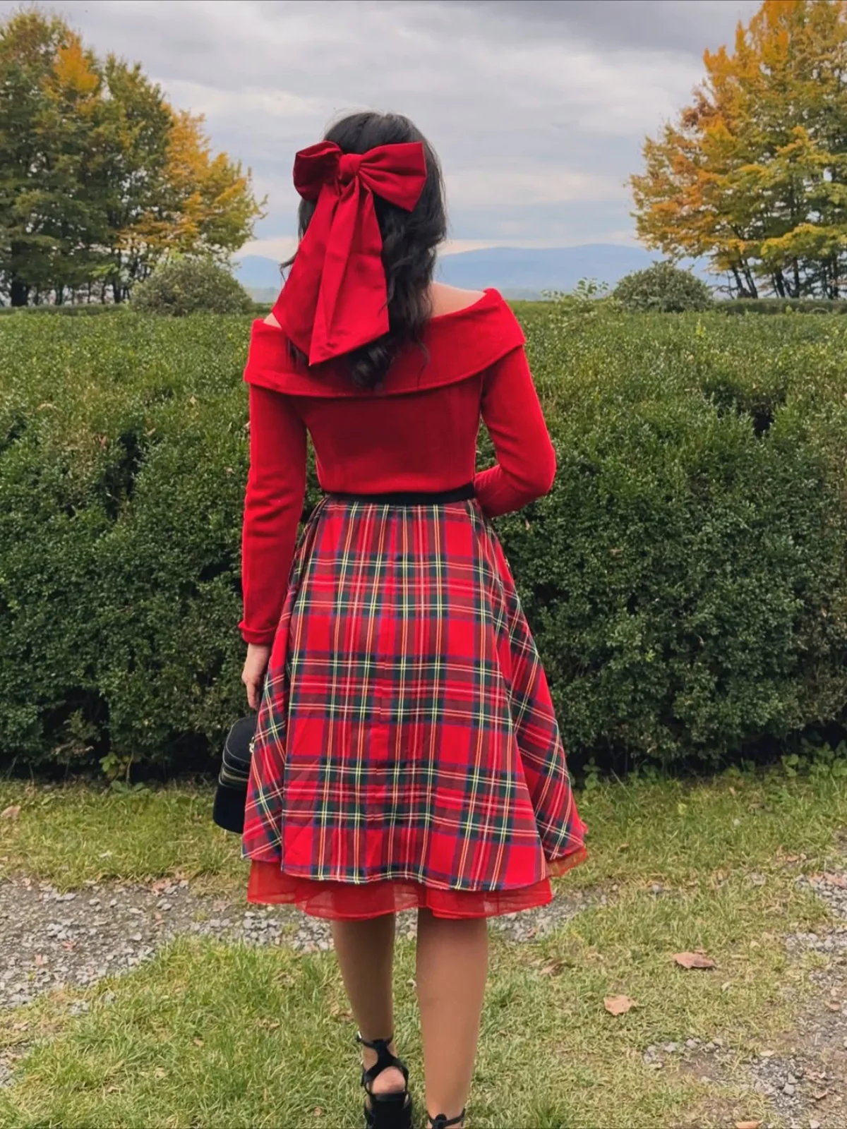 Red 1950s Christmas Off Shoulder Tartan Dress - Image 3