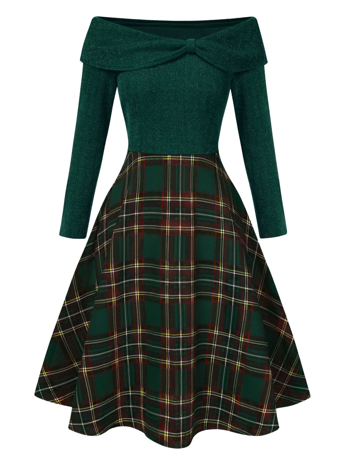 Red 1950s Christmas Off Shoulder Tartan Dress - Image 8