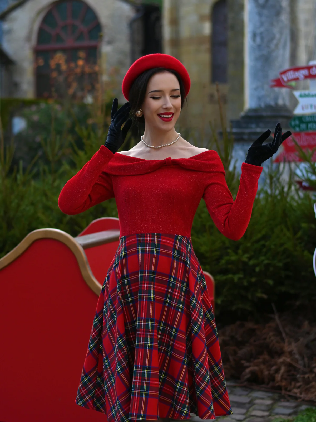 Red 1950s Christmas Off Shoulder Tartan Dress - Image 2