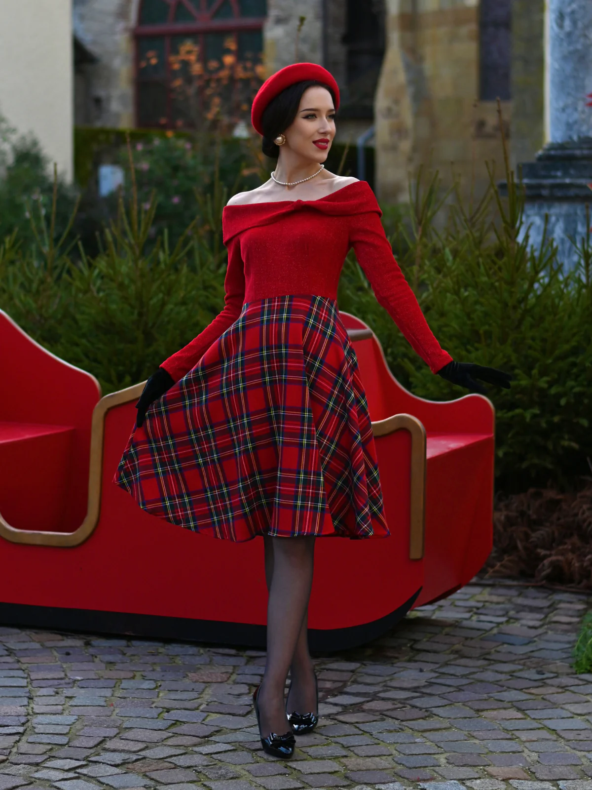 Red 1950s Christmas Off Shoulder Tartan Dress - Image 3