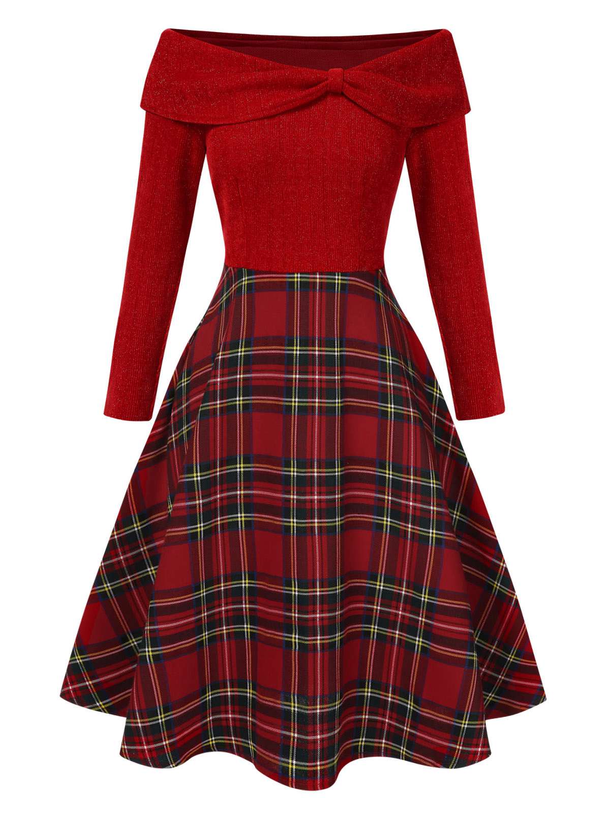 Red 1950s Christmas Off Shoulder Tartan Dress - Image 2