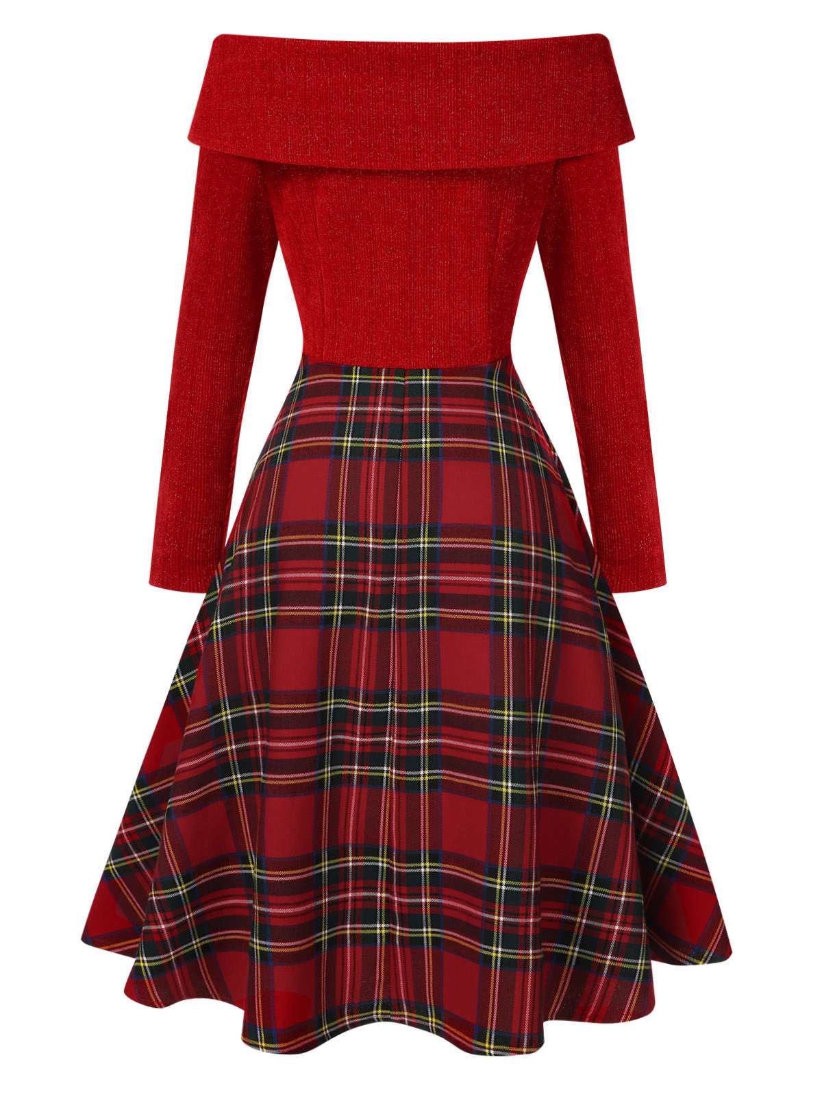 Red 1950s Christmas Off Shoulder Tartan Dress - Image 3