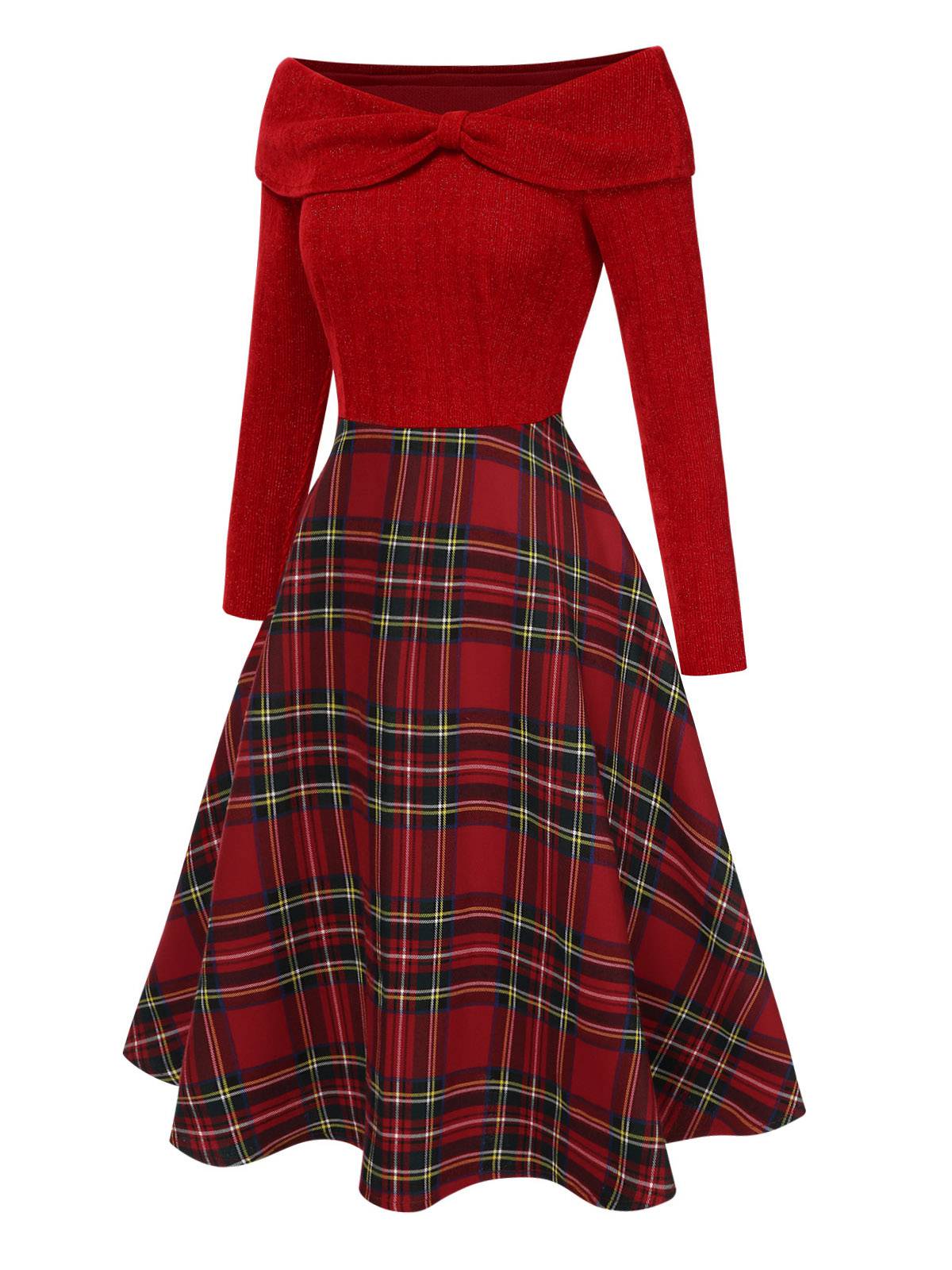 Red 1950s Christmas Off Shoulder Tartan Dress - Image 4