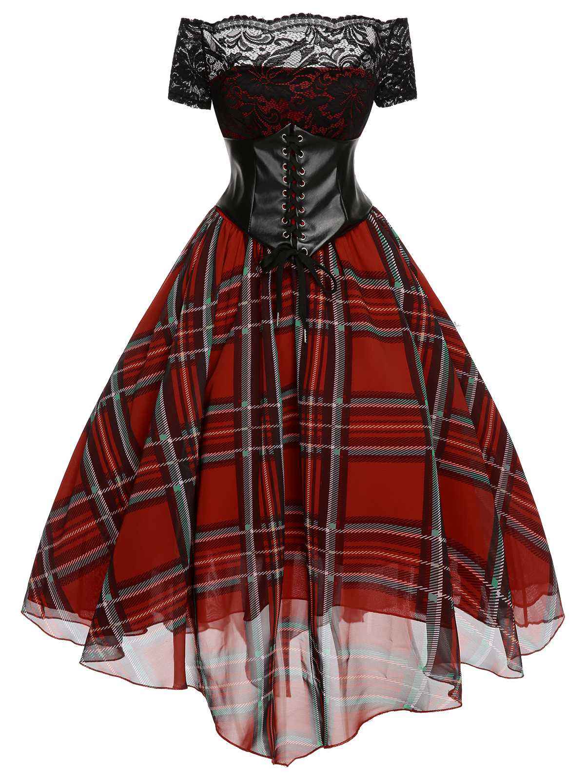 Red 1950s Christmas Plaid Girdle Dress - Image 2