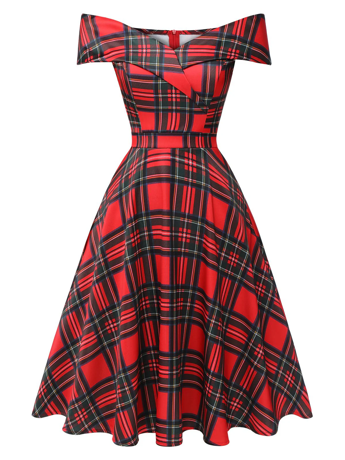 Red 1950s Christmas Plaid Off-Shoulder Dress - Image 2