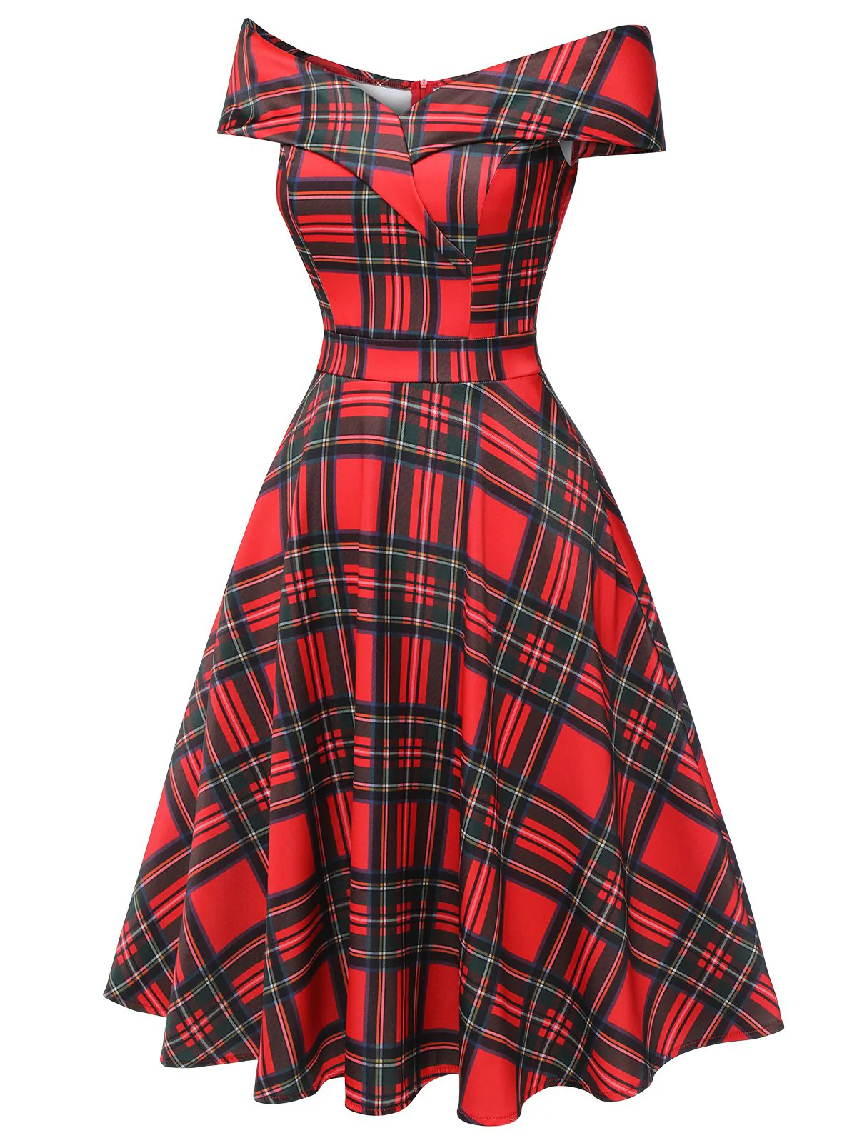 Red 1950s Christmas Plaid Off-Shoulder Dress - Image 3