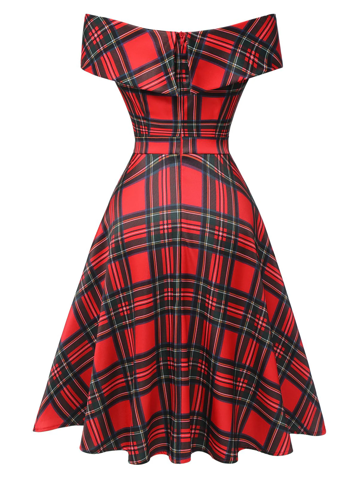 Red 1950s Christmas Plaid Off-Shoulder Dress - Image 4