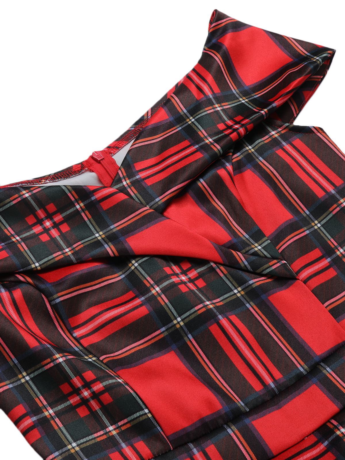 Red 1950s Christmas Plaid Off-Shoulder Dress - Image 5