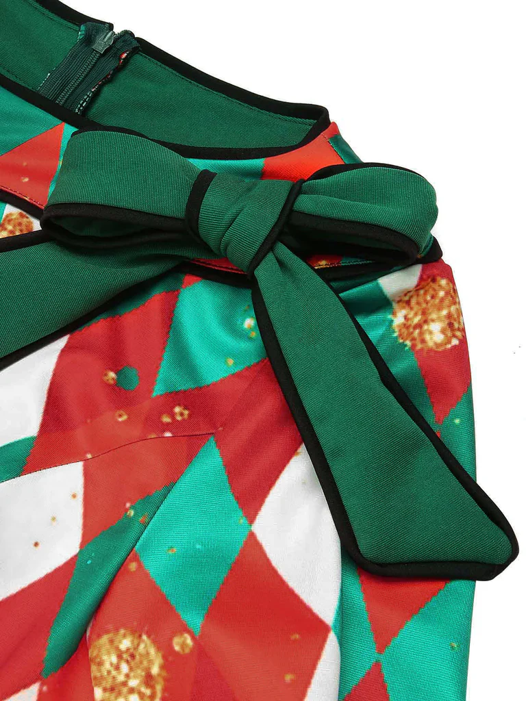 Red 1950s Christmas Plaids Bow Decor Dress - Image 10
