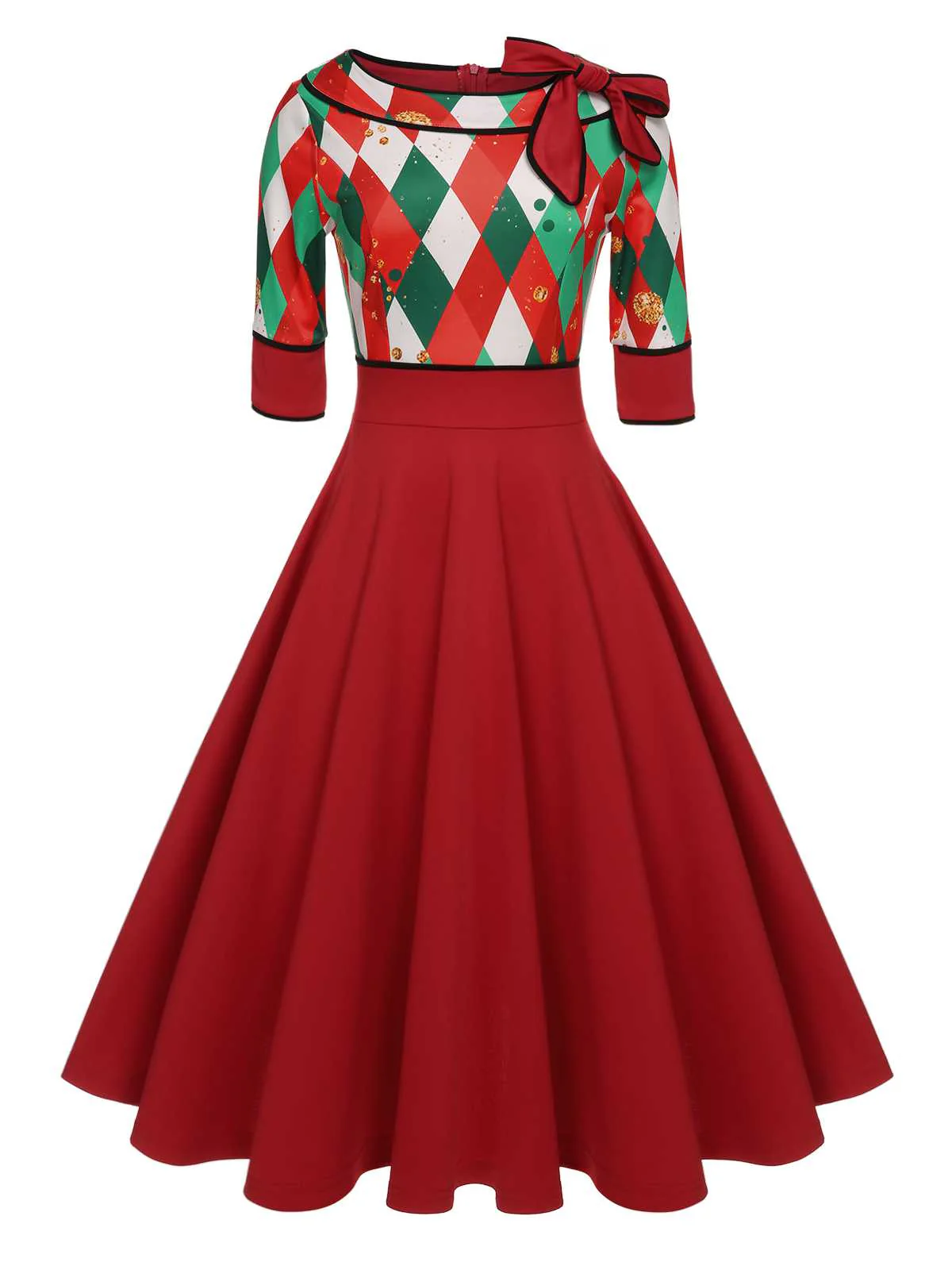 Red 1950s Christmas Plaids Bow Decor Dress - Image 2