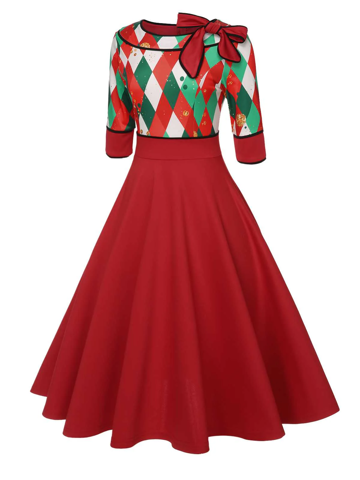 Red 1950s Christmas Plaids Bow Decor Dress - Image 3