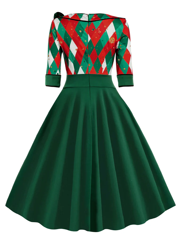 Red 1950s Christmas Plaids Bow Decor Dress - Image 9
