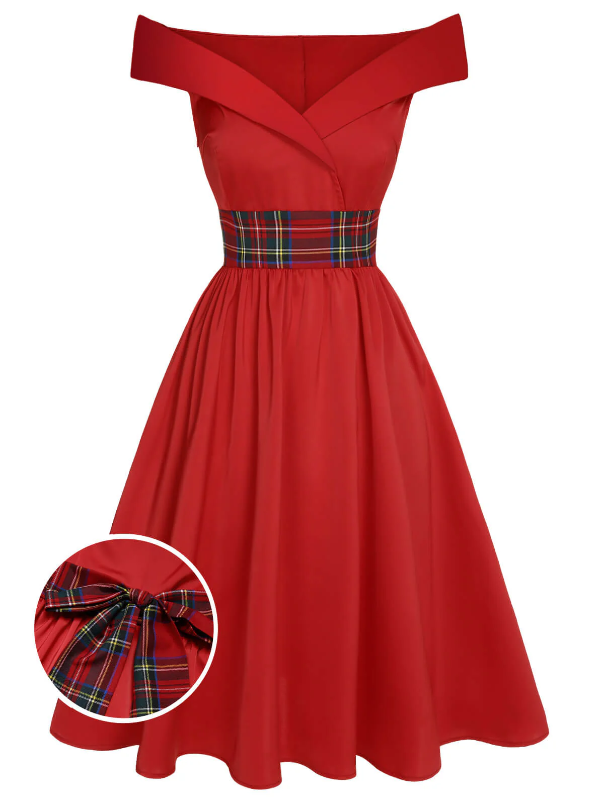 Red 1950s Christmas Plaids Off-Shoulder Dress - Image 2