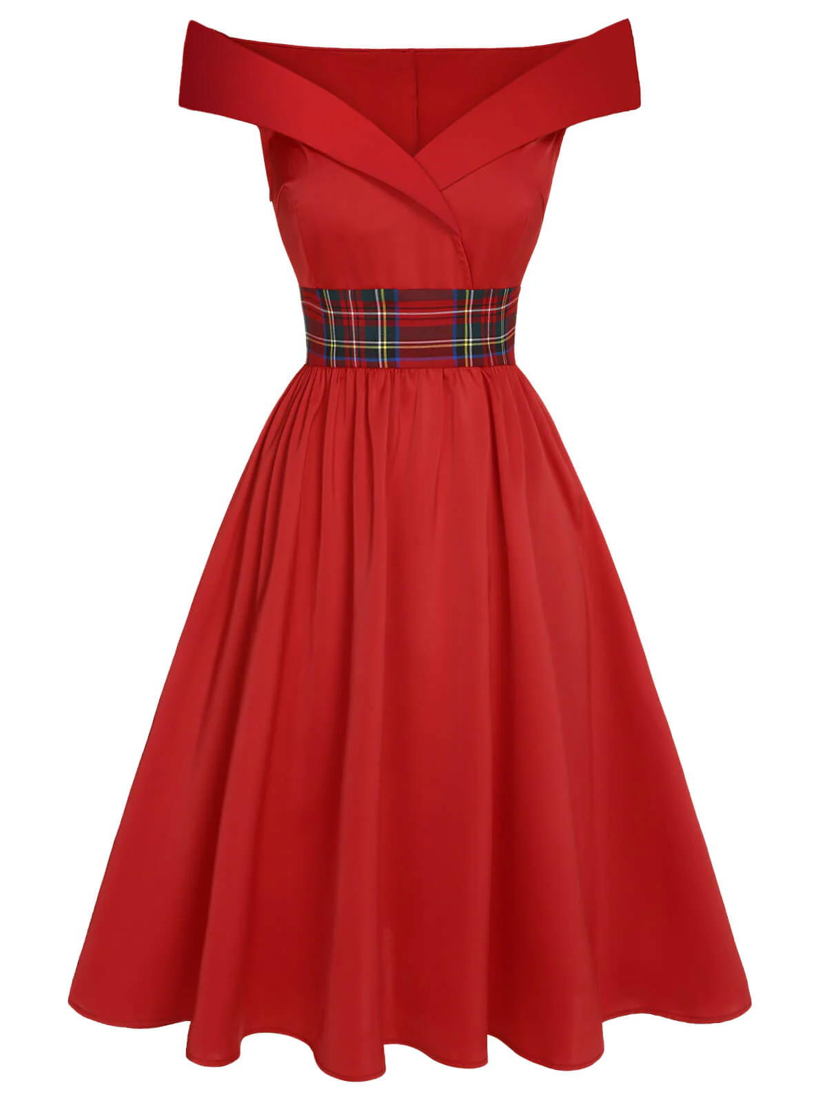 Red 1950s Christmas Plaids Off-Shoulder Dress - Image 3