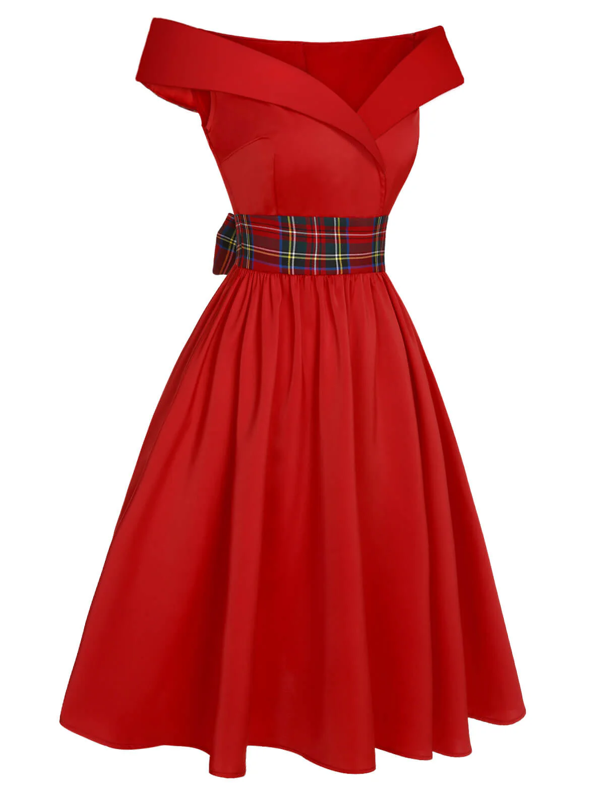 Red 1950s Christmas Plaids Off-Shoulder Dress - Image 4