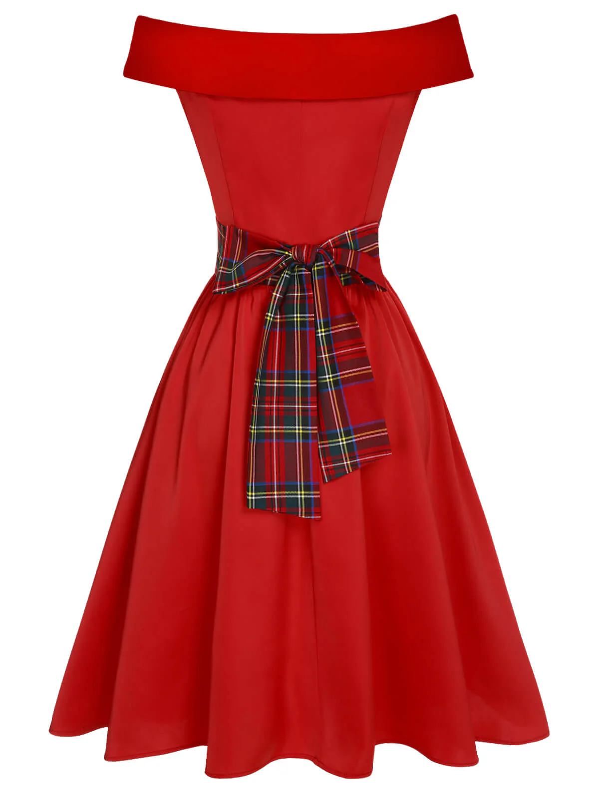 Red 1950s Christmas Plaids Off-Shoulder Dress - Image 5