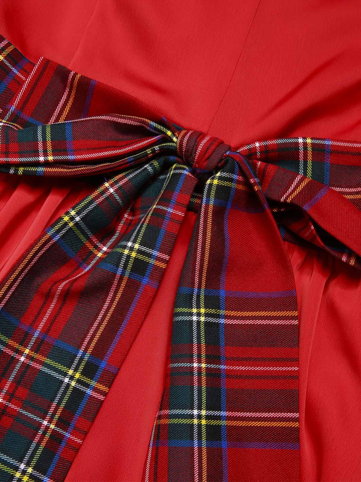 Red 1950s Christmas Plaids Off-Shoulder Dress - Image 6