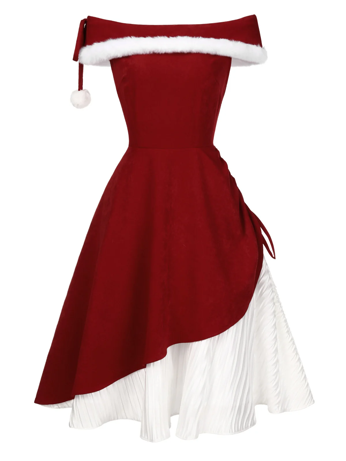 Red 1950s Christmas Plush Off-Shoulder Dress - Image 2
