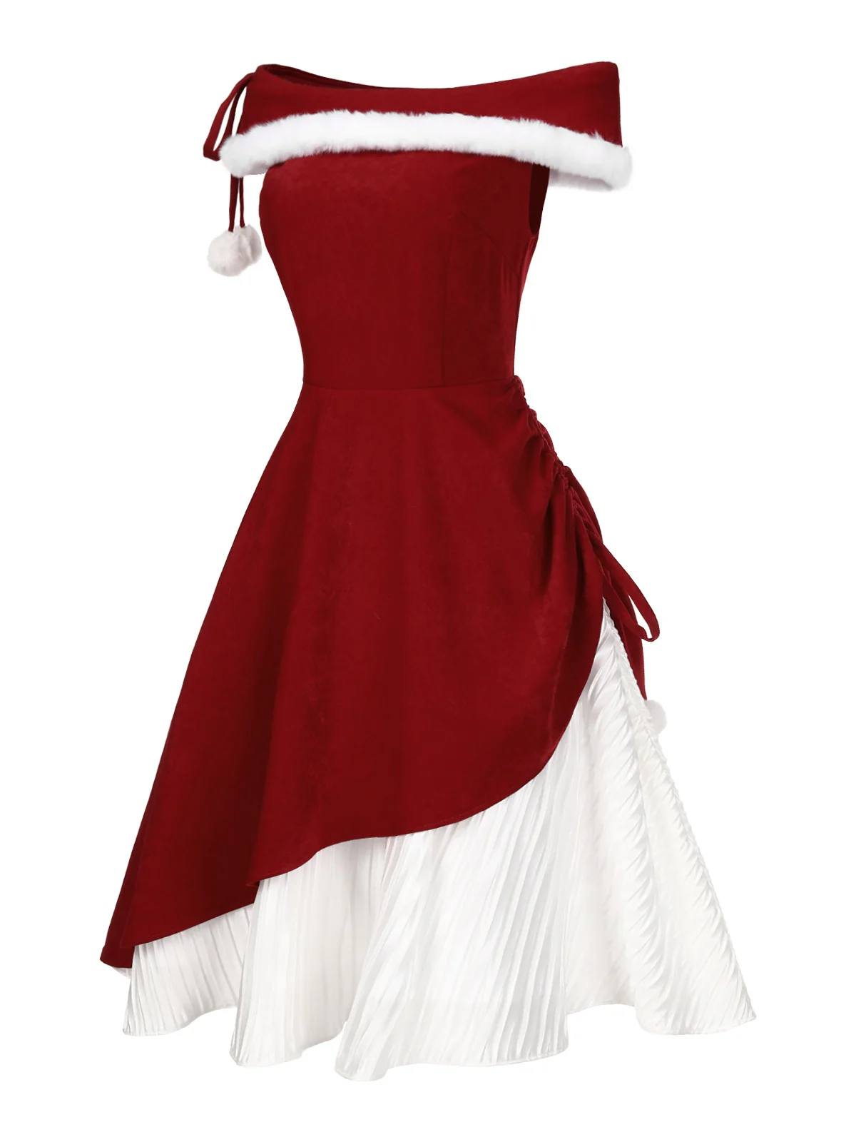 Red 1950s Christmas Plush Off-Shoulder Dress - Image 3