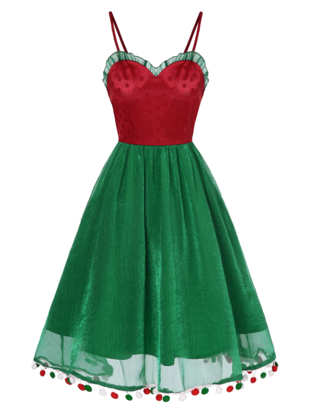 Red 1950s Christmas Polka Dot Mesh Dress - Image 2