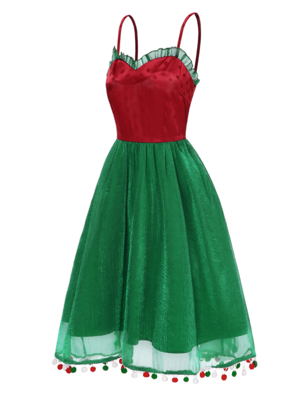Red 1950s Christmas Polka Dot Mesh Dress - Image 3