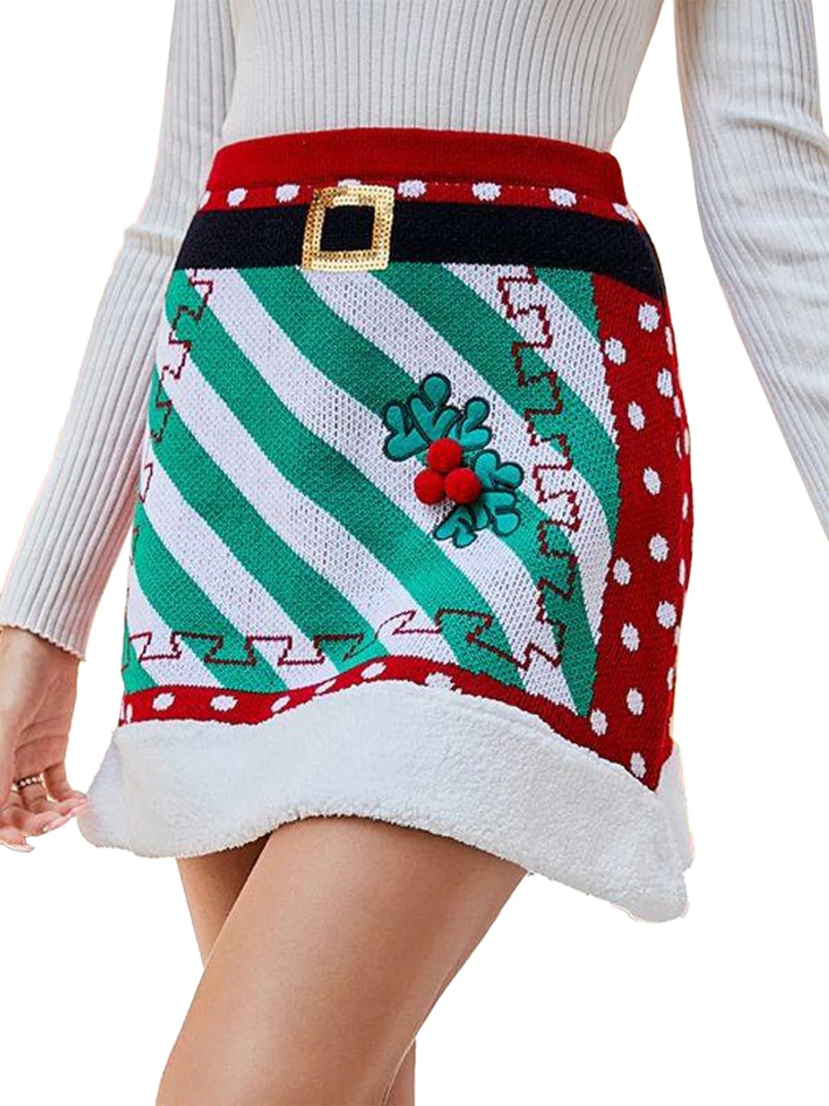 Red 1950s Christmas Polka Dots Knit Skirt - Image 3