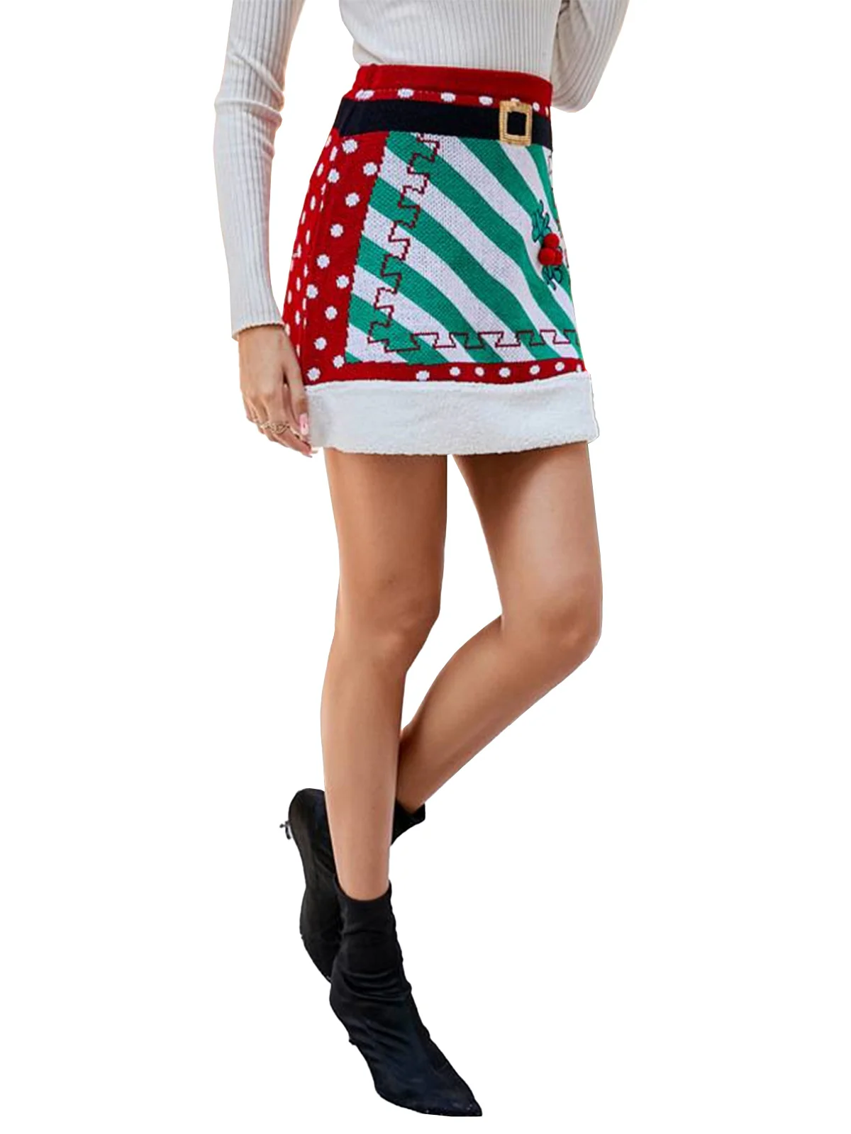 Red 1950s Christmas Polka Dots Knit Skirt - Image 9