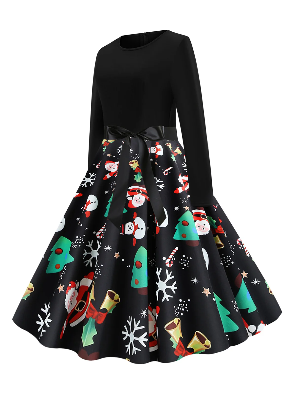Green 1950s Christmas Print Belted Dress - Image 2