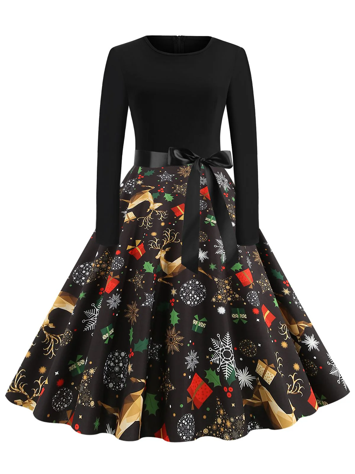 Green 1950s Christmas Print Belted Dress - Image 4