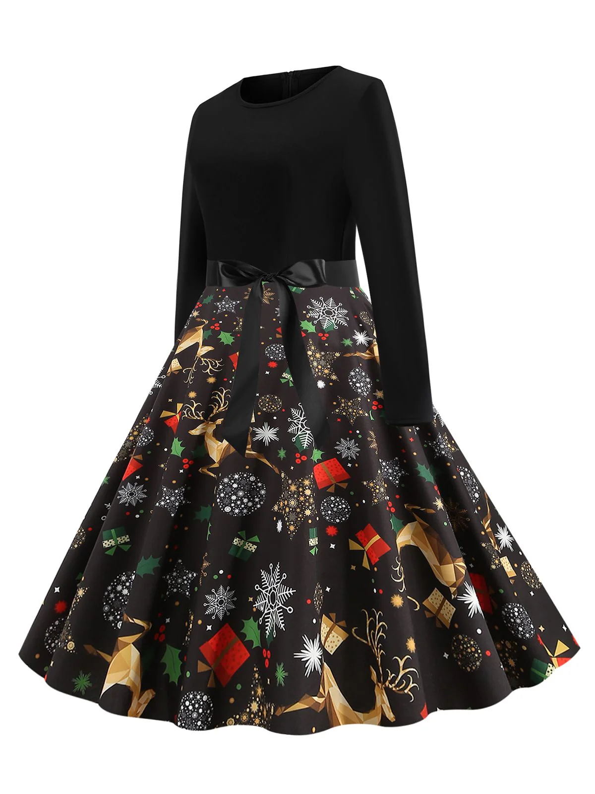 Green 1950s Christmas Print Belted Dress - Image 5