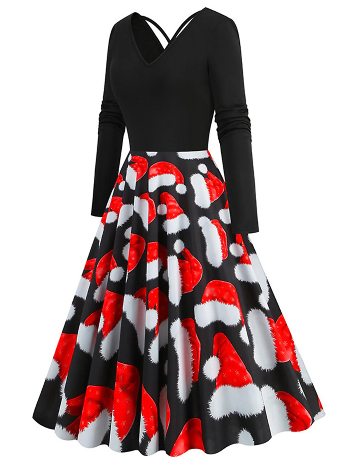 Red 1950s Christmas Santa Hat Patchwork Dress - Image 2